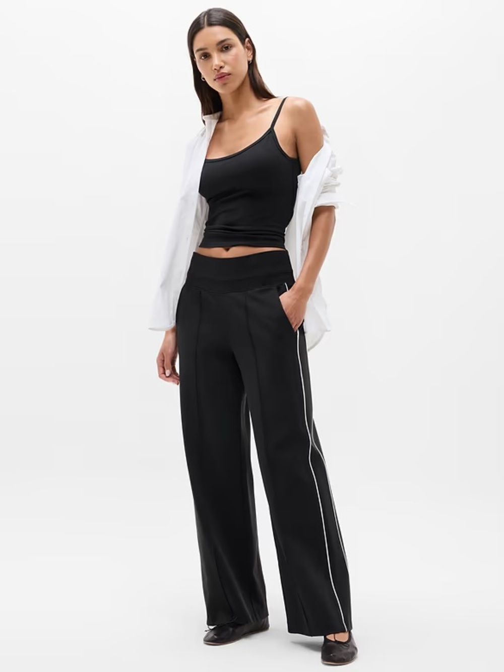 Athleta | Venice High Rise Track Stripe Wide Leg Pant in Black ~ Small Petite